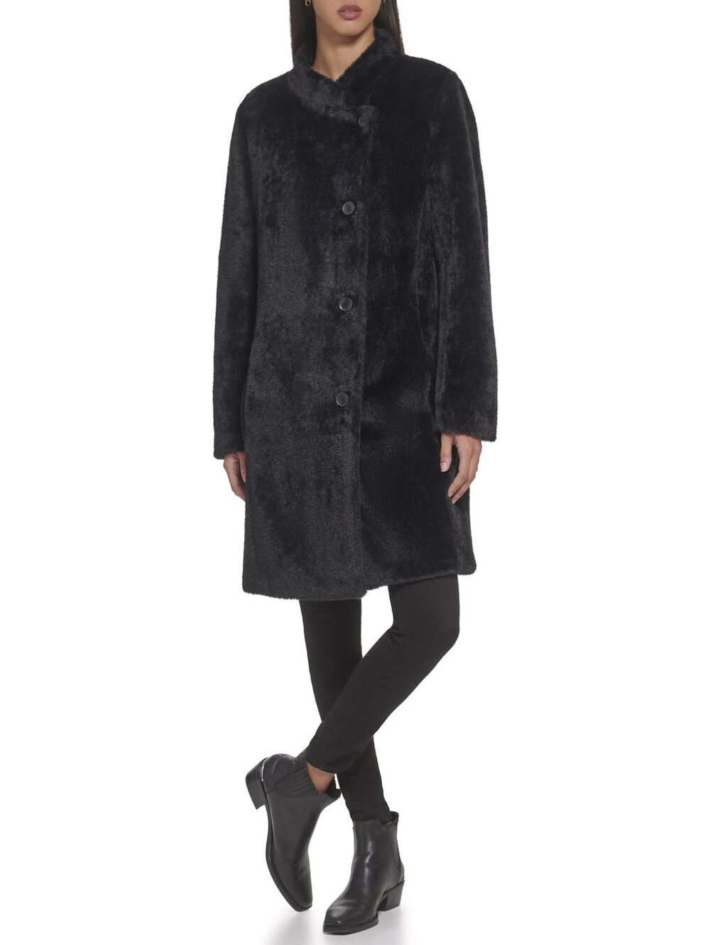 DKNY Womens All Over Faux Fur Button Up Long Jacket Coat Outerwear Black, S